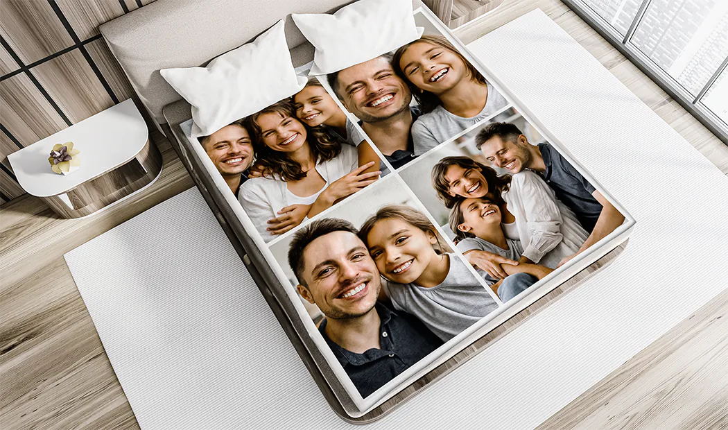 Coperta Fotografica Tocco di Vison da Printerpix|Coperte Personalizzate|Grande coperta fotografica su letto matrimoniale con foto di ragazza|Immagine della coperta fotografica con confronto delle dimensioni|Immagine collage in bianco e nero della coperta fotografica||||||