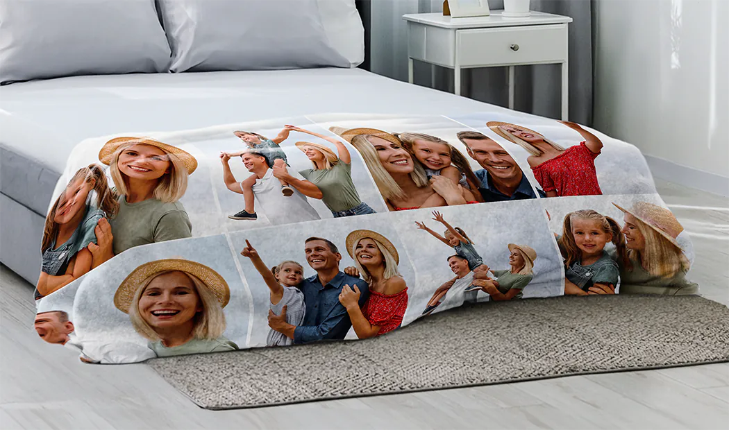 Grande coperta fotografica su letto matrimoniale con foto di ragazza